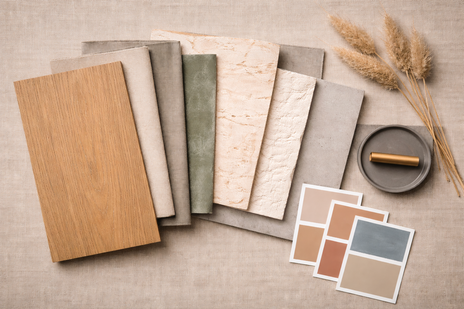 Materialmuster: Eiche, Stoffe, Naturstein, Putz und Farbkarten